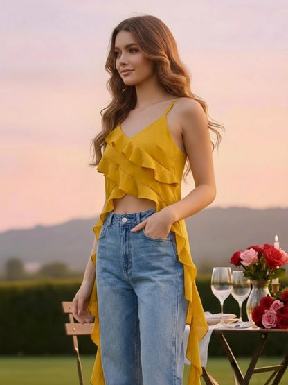 Yellow Ruffled Spaghetti Strap Top for Women