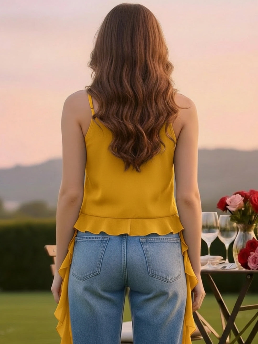 Yellow Ruffled Spaghetti Strap Top for Women