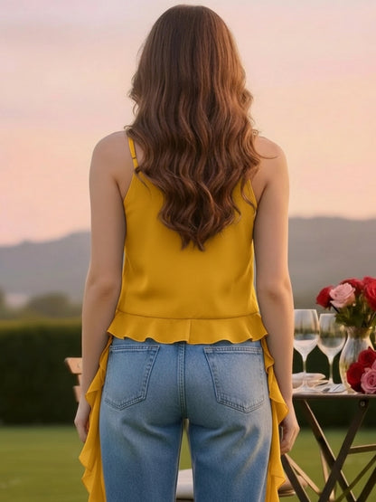Yellow Ruffled Spaghetti Strap Top for Women