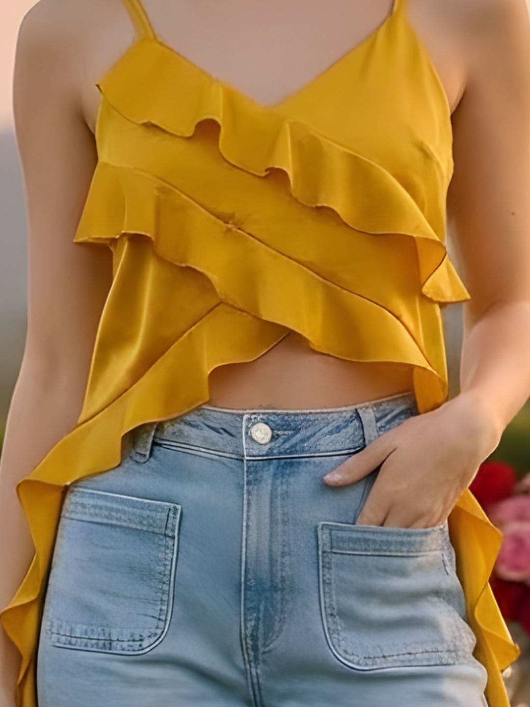 Yellow Ruffled Spaghetti Strap Top for Women