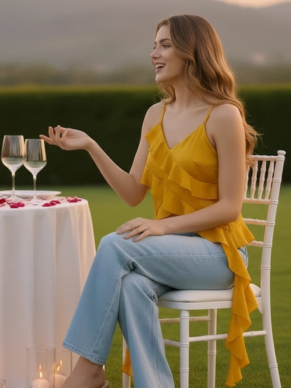 Yellow Ruffled Spaghetti Strap Top for Women