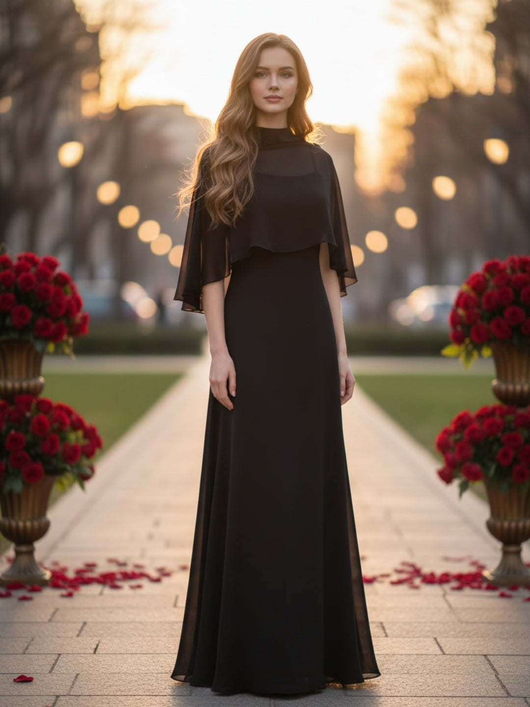 Black Maxi Dress with Cape for Women