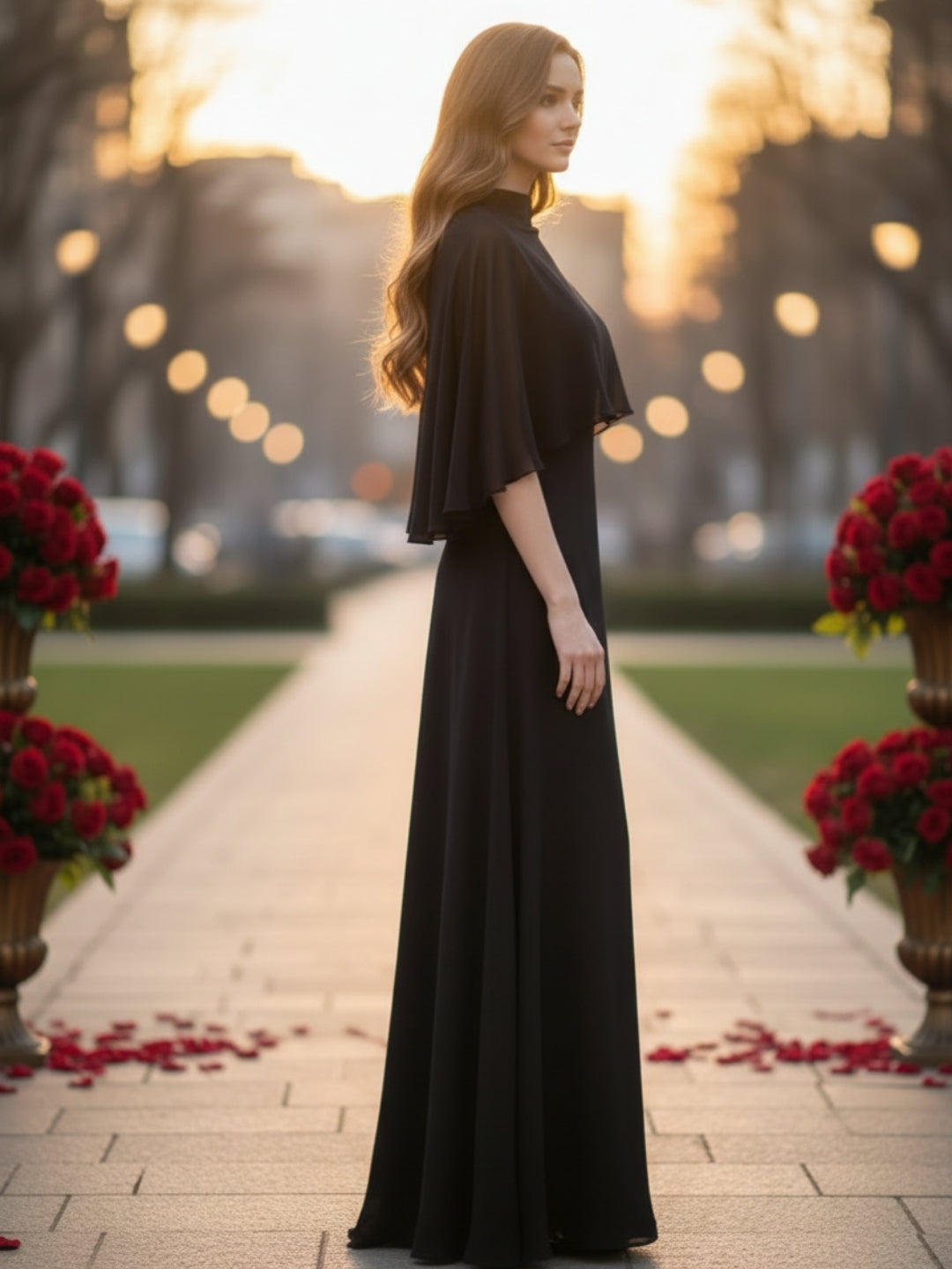 Black Maxi Dress with Cape for Women