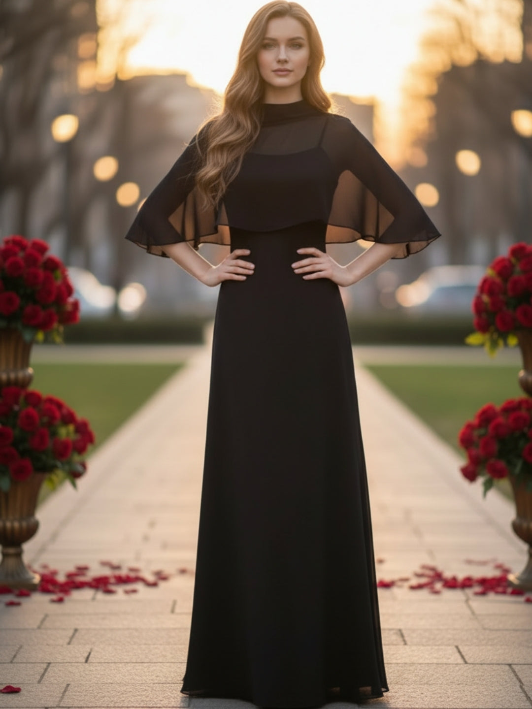 Black Maxi Dress with Cape for Women