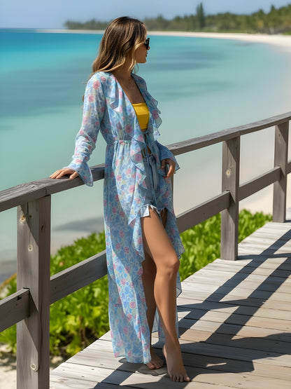 Blue Floral Long Shrug for Women – Sheer Lightweight Floral Print Summer Shrug