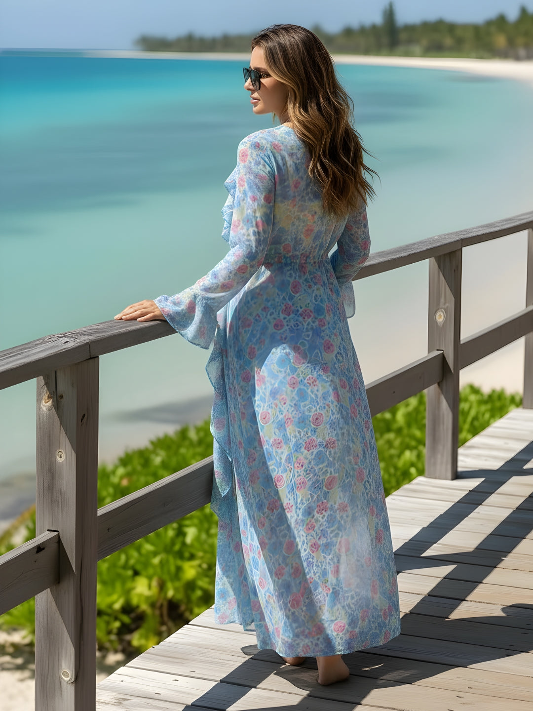 Blue Floral Long Shrug for Women – Sheer Lightweight Floral Print Summer Shrug