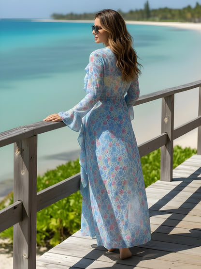 Blue Floral Long Shrug for Women – Sheer Lightweight Floral Print Summer Shrug