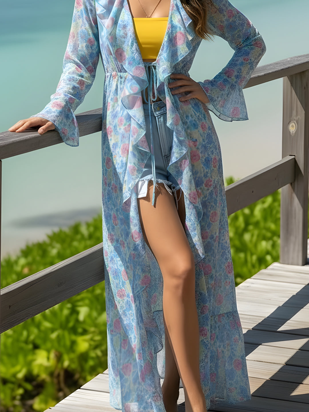 Blue Floral Long Shrug for Women – Sheer Lightweight Floral Print Summer Shrug