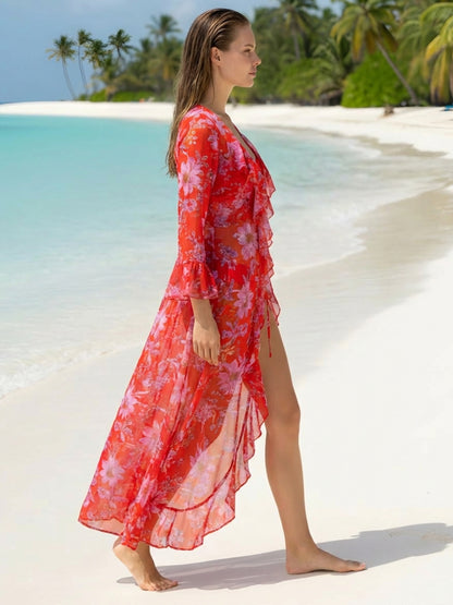 Red Floral Long Shrug for Women – Sheer Lightweight Floral Print Summer Shrug