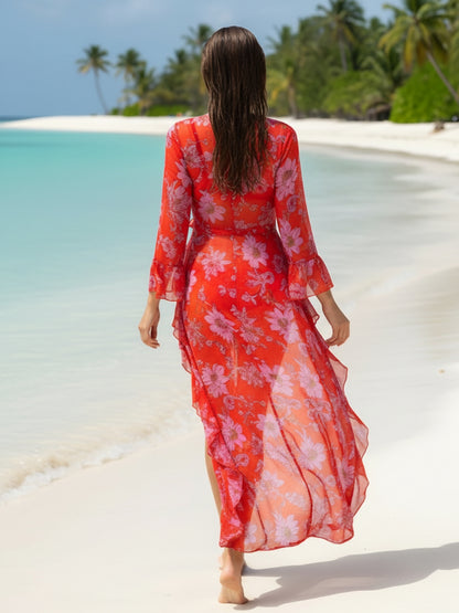 Red Floral Long Shrug for Women – Sheer Lightweight Floral Print Summer Shrug