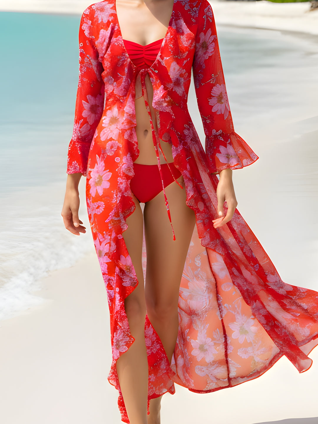 Red Floral Long Shrug for Women – Sheer Lightweight Floral Print Summer Shrug