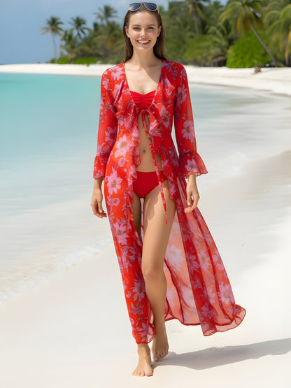 Red Floral Long Shrug for Women – Sheer Lightweight Floral Print Summer Shrug