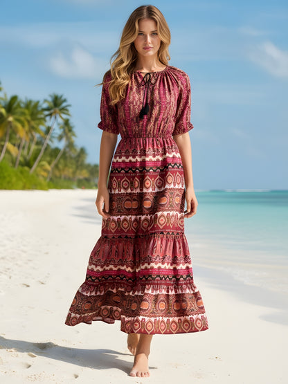 Boho Off-Shoulder Maxi Dress for Women – Red Printed Beach Vacation Long Dress