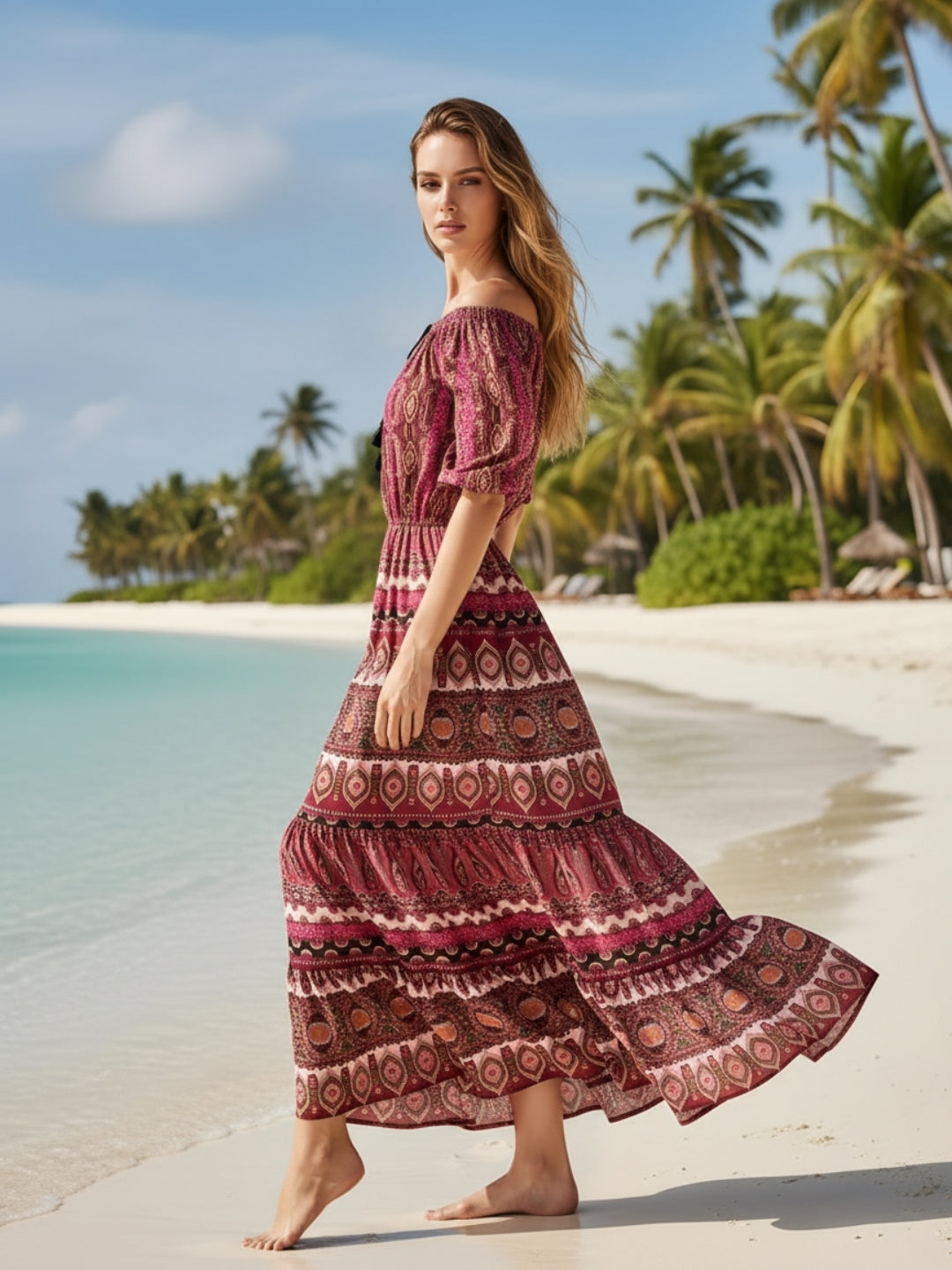 Boho Off-Shoulder Maxi Dress for Women – Red Printed Beach Vacation Long Dress