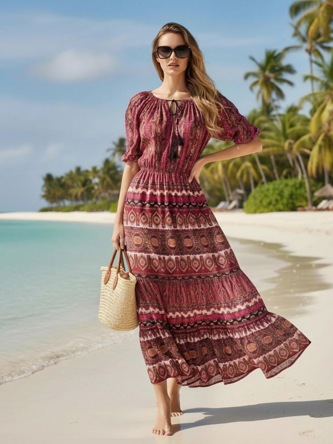 Boho Off-Shoulder Maxi Dress for Women – Red Printed Beach Vacation Long Dress