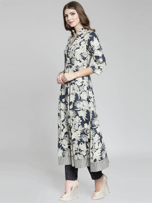 Black Printed Anarkali Kurta with Navy Blue Palazzo
