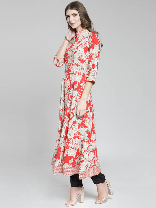 Red Printed Anarkali Kurta  and Black Palazzo Set