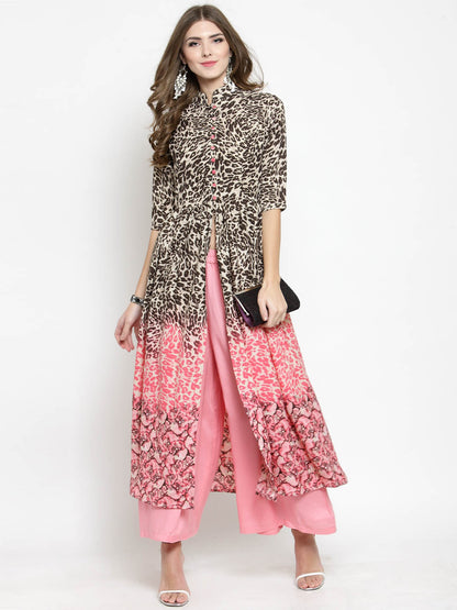Women Beige Printed Fit and Flare Kurta with Pink Palazzo
