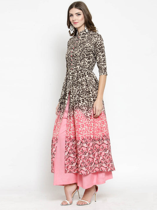 Women Beige Printed Fit and Flare Kurta with Pink Palazzo