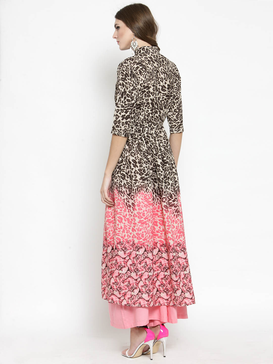 Women Beige Printed Fit and Flare Kurta with Pink Palazzo