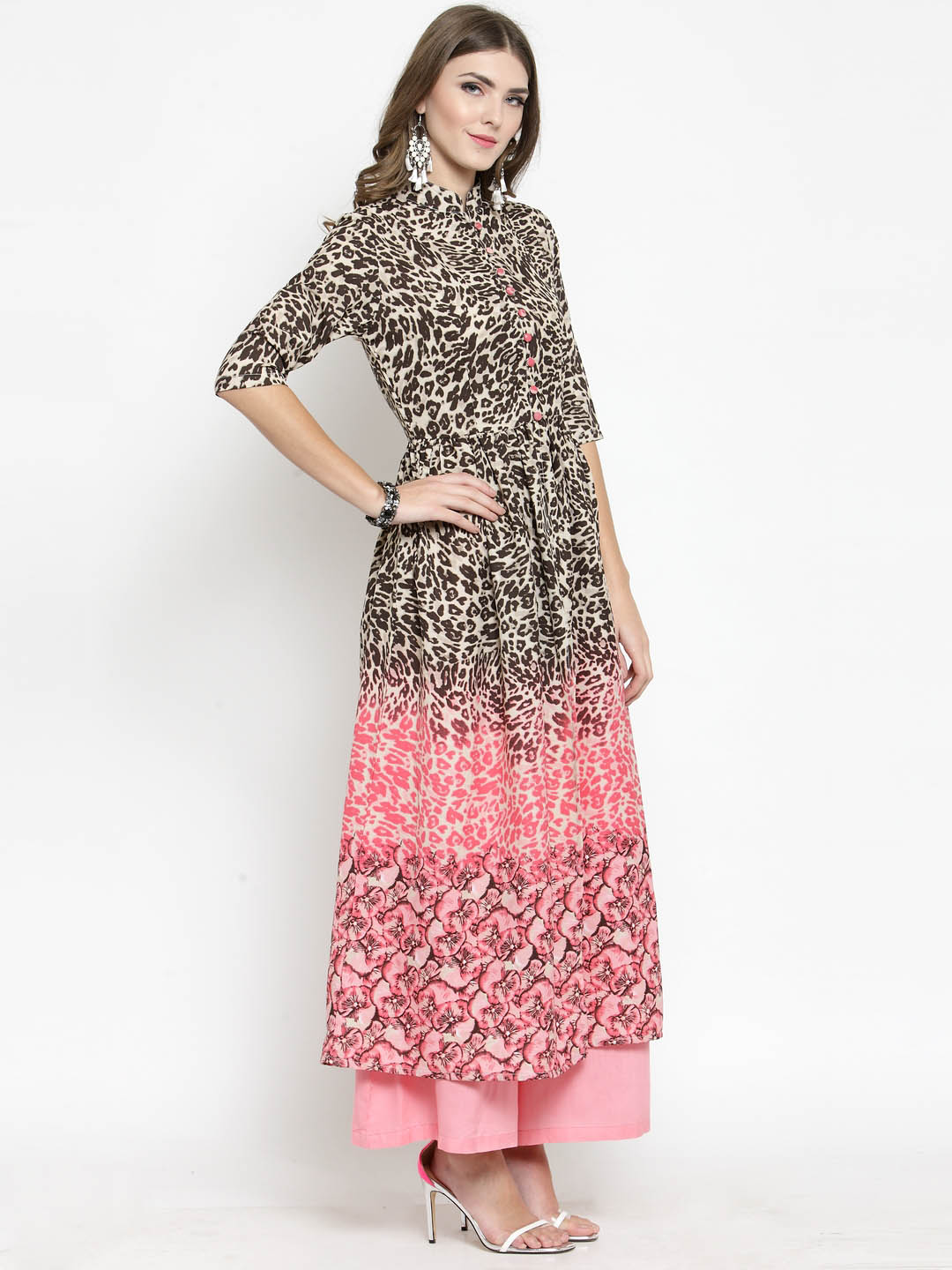Women Beige Printed Fit and Flare Kurta with Pink Palazzo
