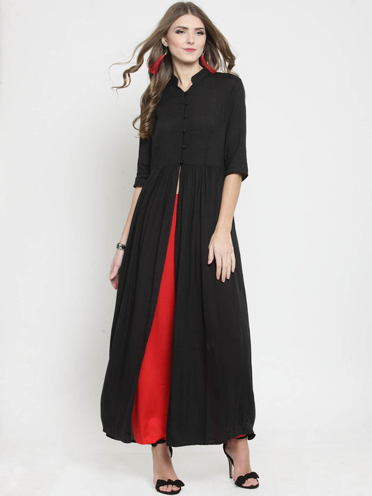 Black Solid A-line Kurta and Red Palazzo Set