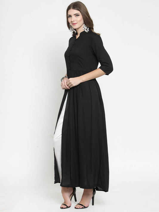 Black Solid A-line Kurta and White Palazzo Set