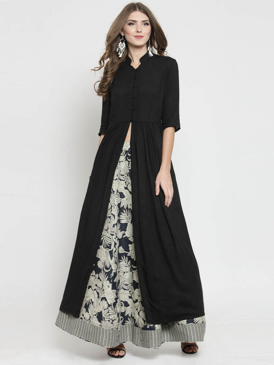 Black Solid A-line Kurta and Black Palazzo Set