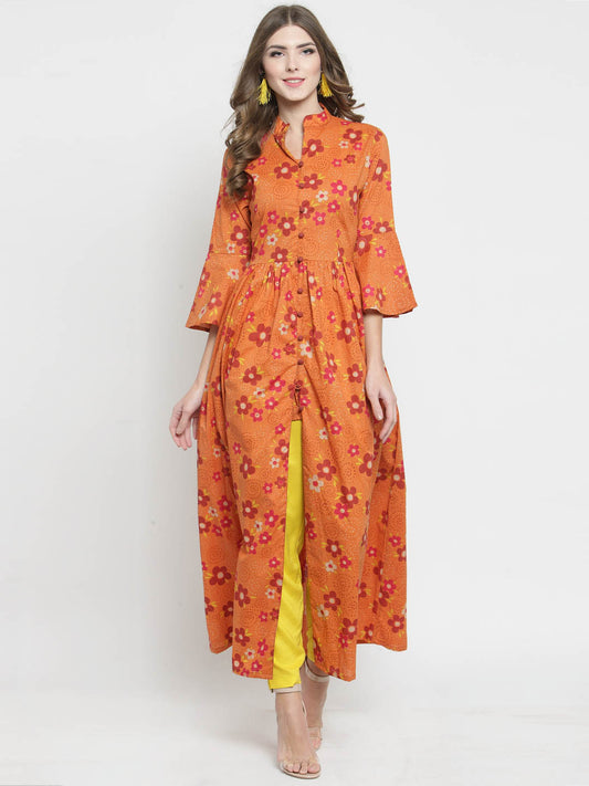 Women Orange Printed Fit and Flare Kurta