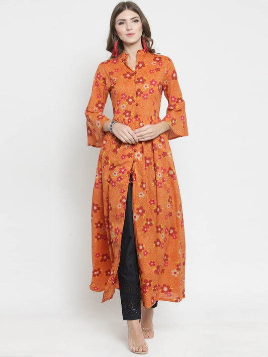 Women Orange Printed Fit and Flare Kurta with Navy Blue Palazzo