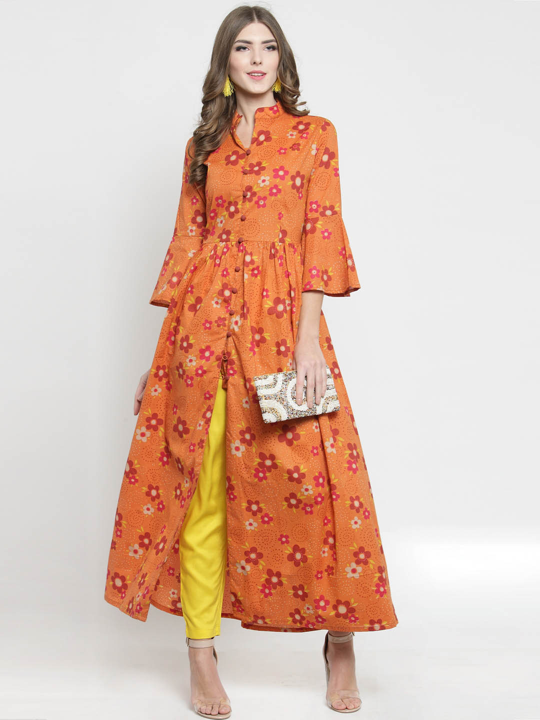 Women Orange Printed Fit and Flare Kurta with Yellow Palazzo