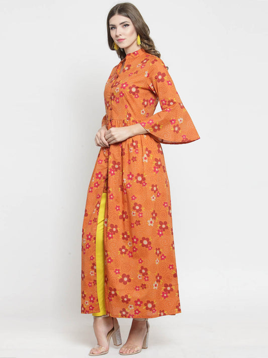 Women Orange Printed Fit and Flare Kurta with Yellow Palazzo