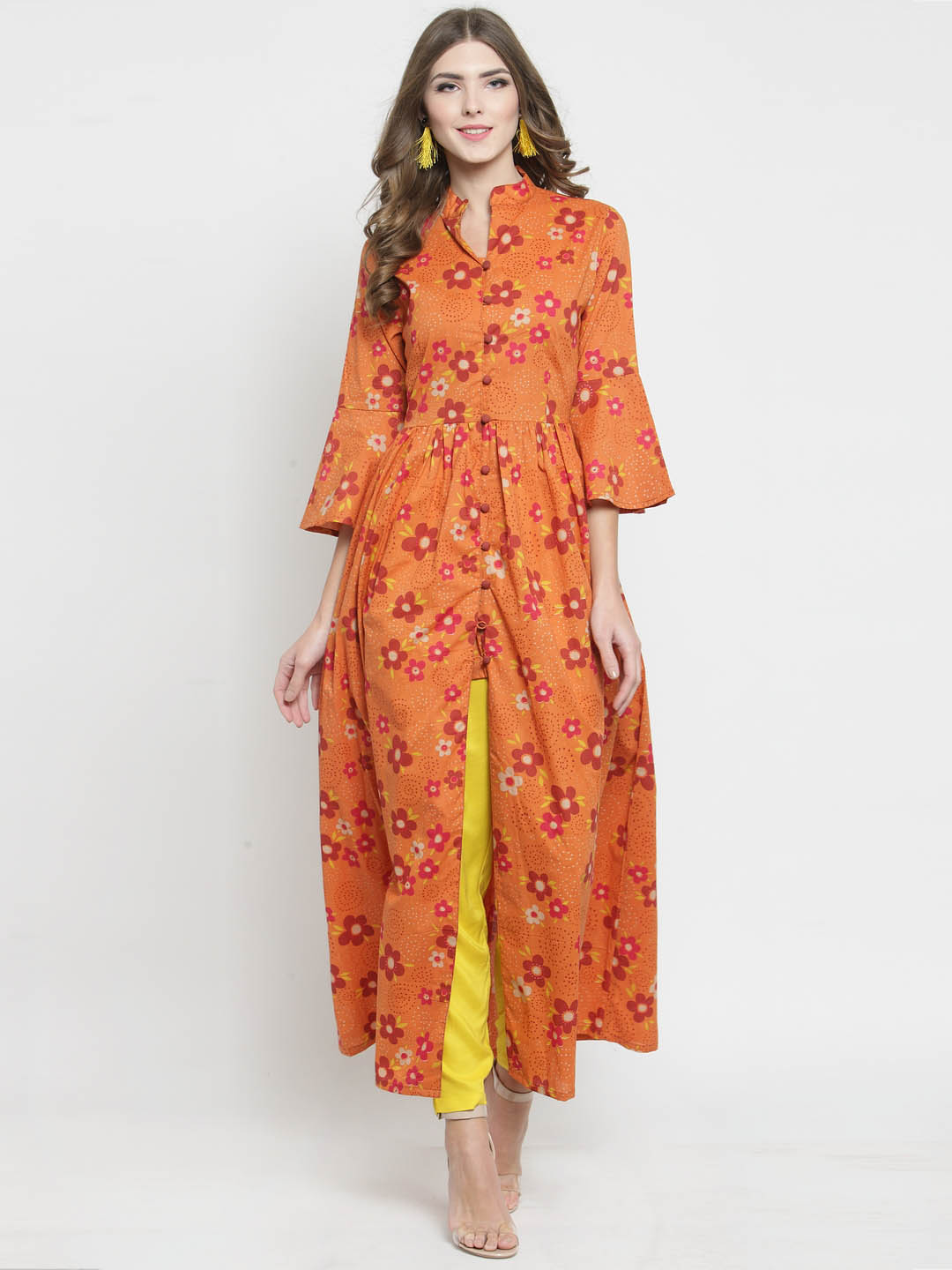 Women Orange Printed Fit and Flare Kurta with Yellow Palazzo