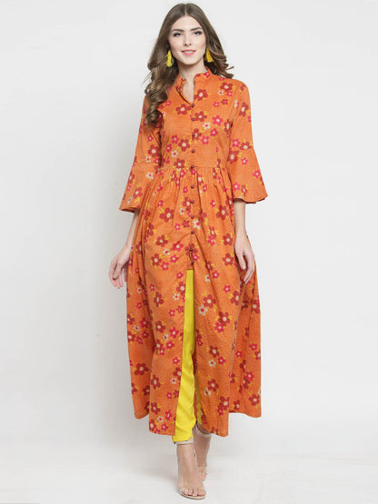Women Orange Printed Fit and Flare Kurta with Yellow Palazzo