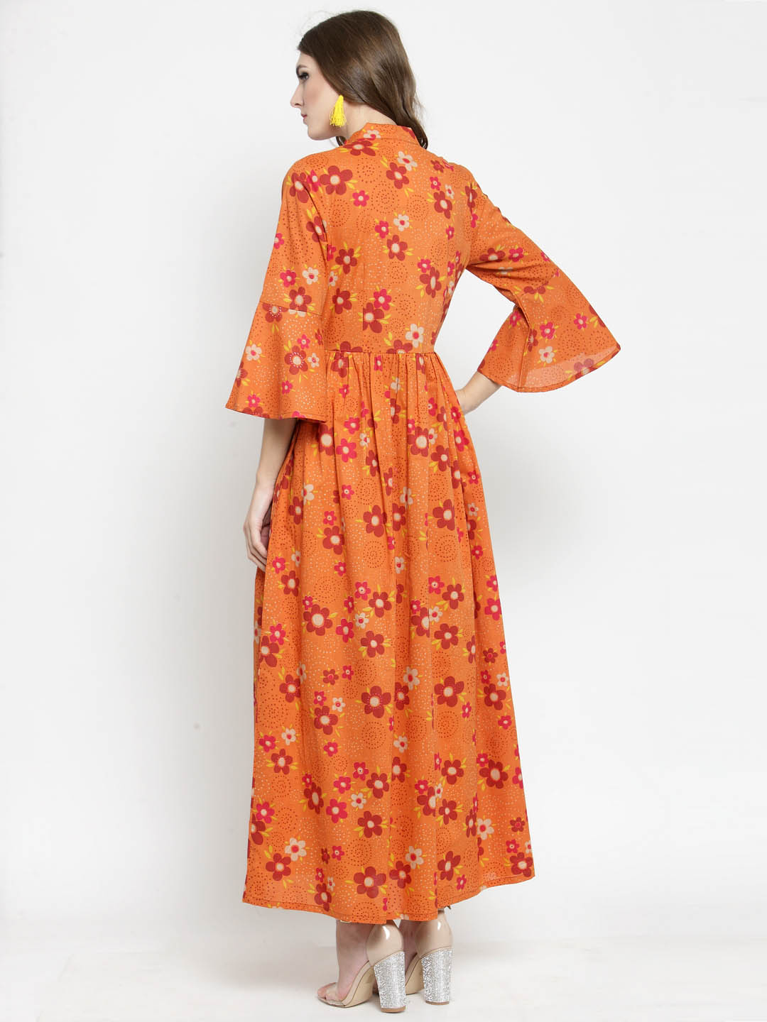 Women Orange Printed Fit and Flare Kurta with Yellow Palazzo