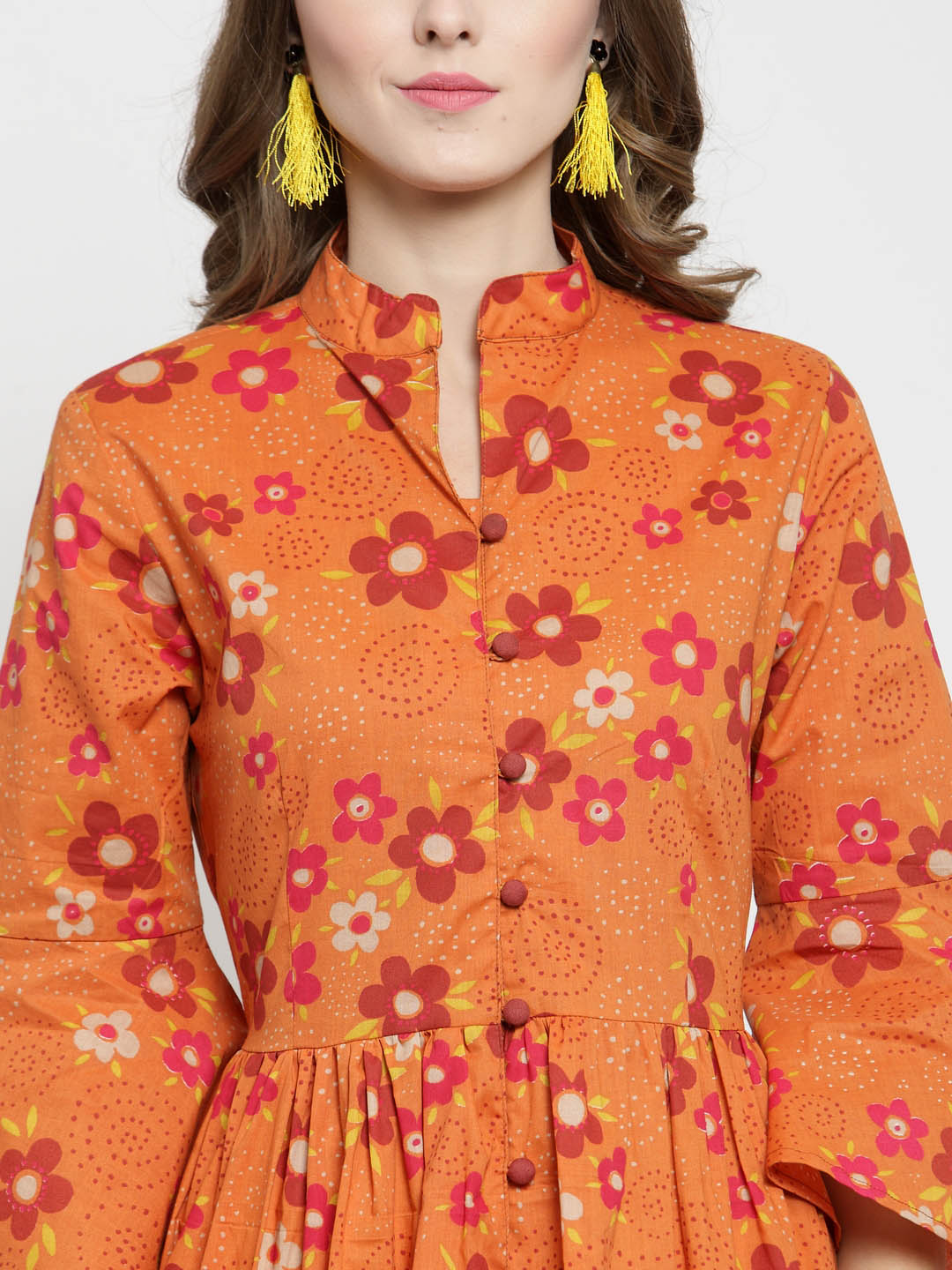 Women Orange Printed Fit and Flare Kurta with Yellow Palazzo