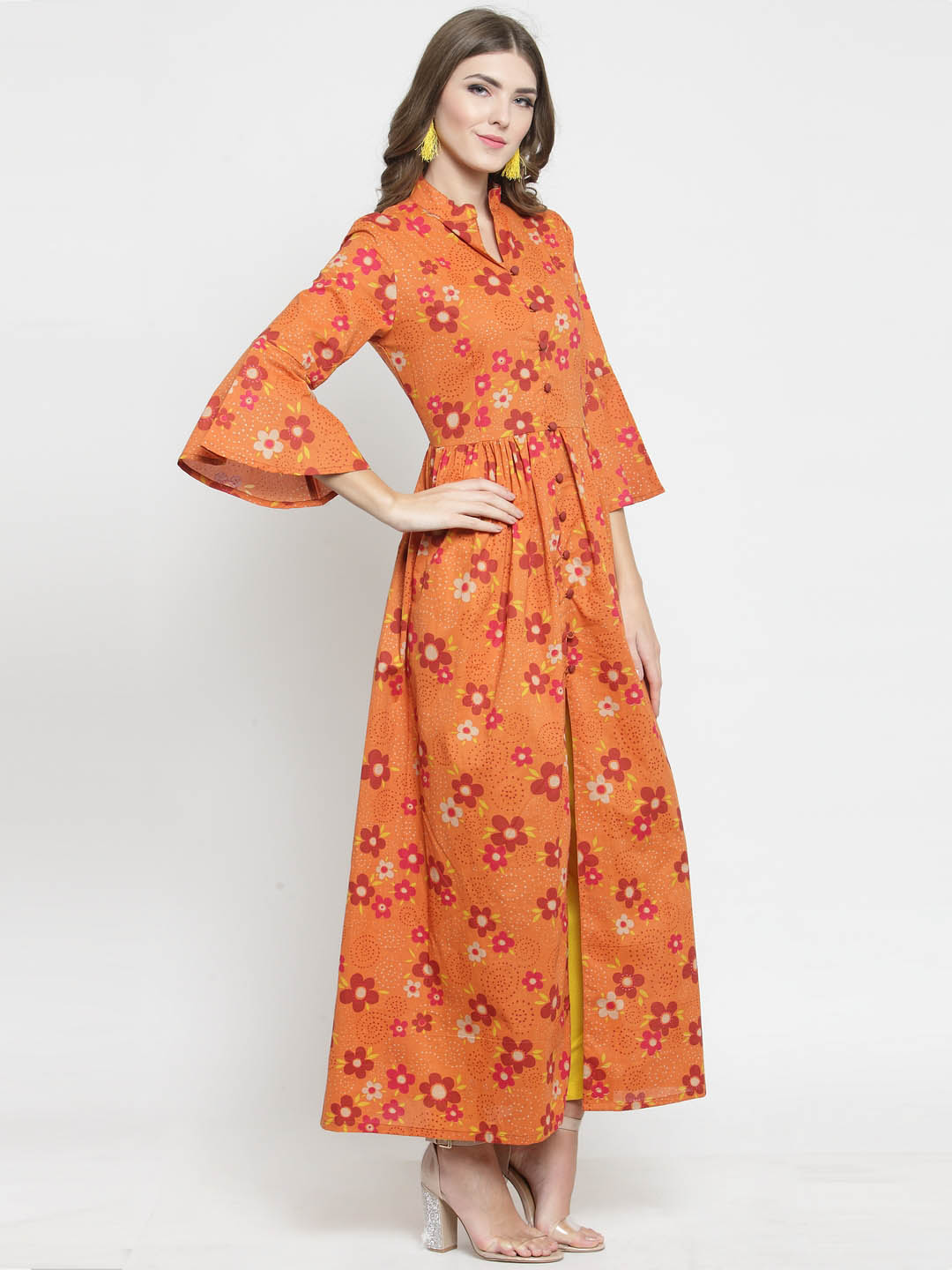 Women Orange Printed Fit and Flare Kurta with Yellow Palazzo