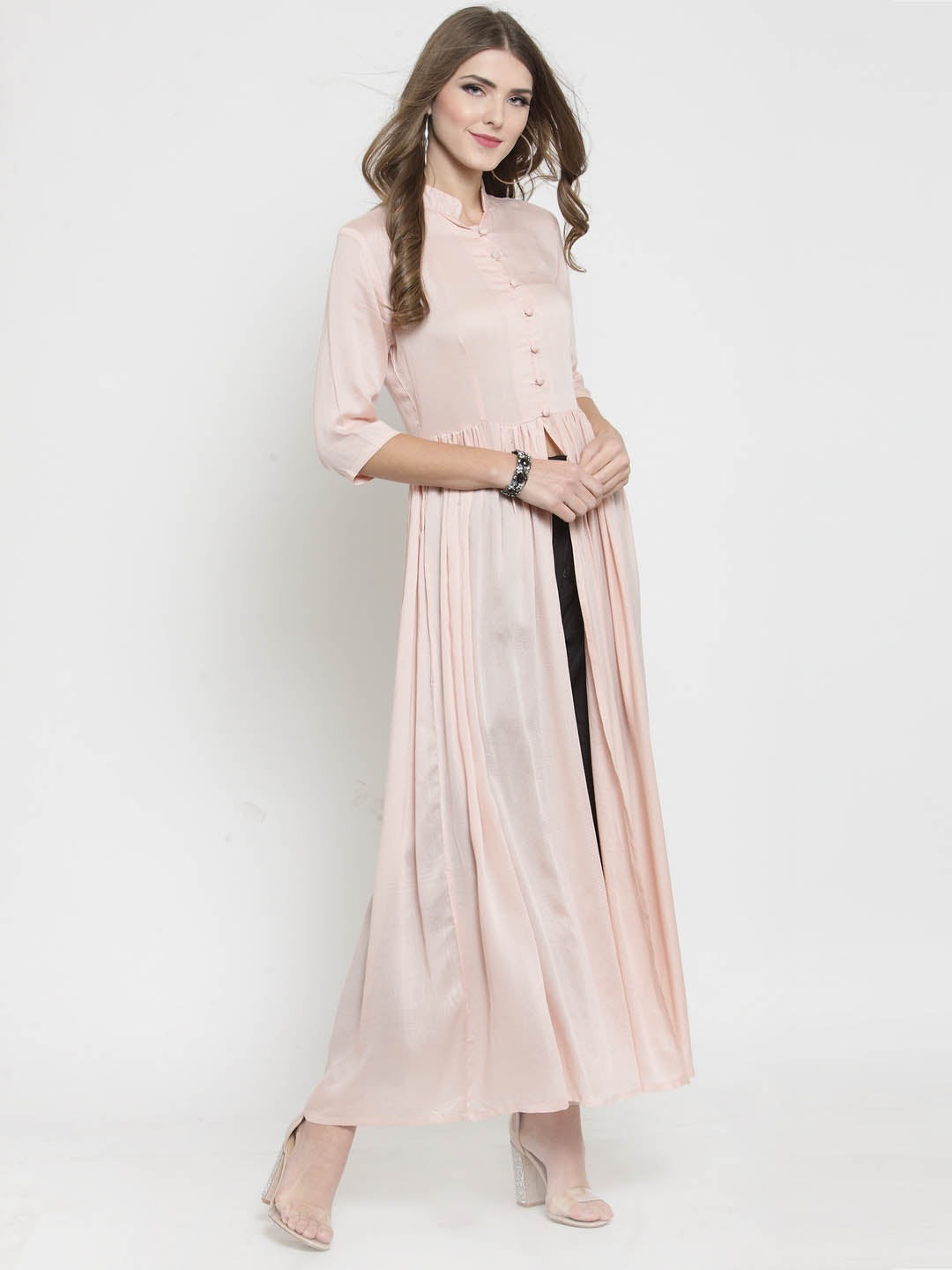 Peach color Solid A-line Kurta and Black Palazzo Set
