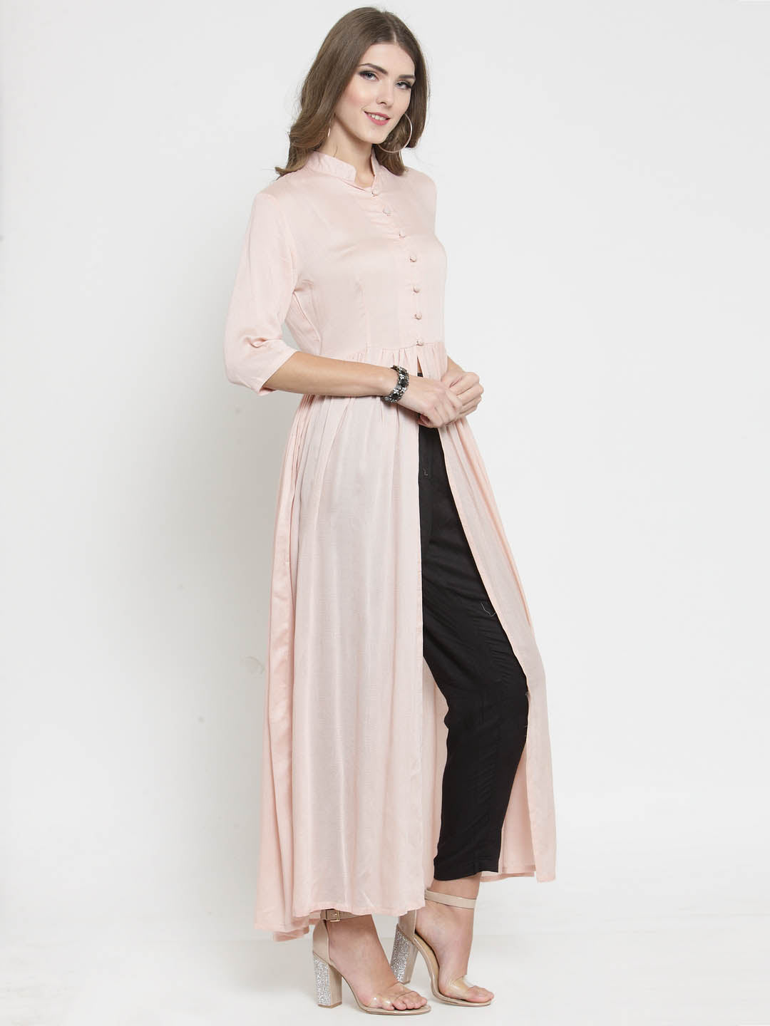 Peach color Solid A-line Kurta and Black Palazzo Set
