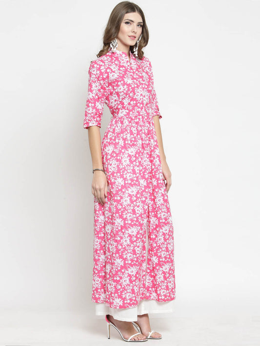 Women Pink Printed Fit and Flare Kurta with White Palazzo
