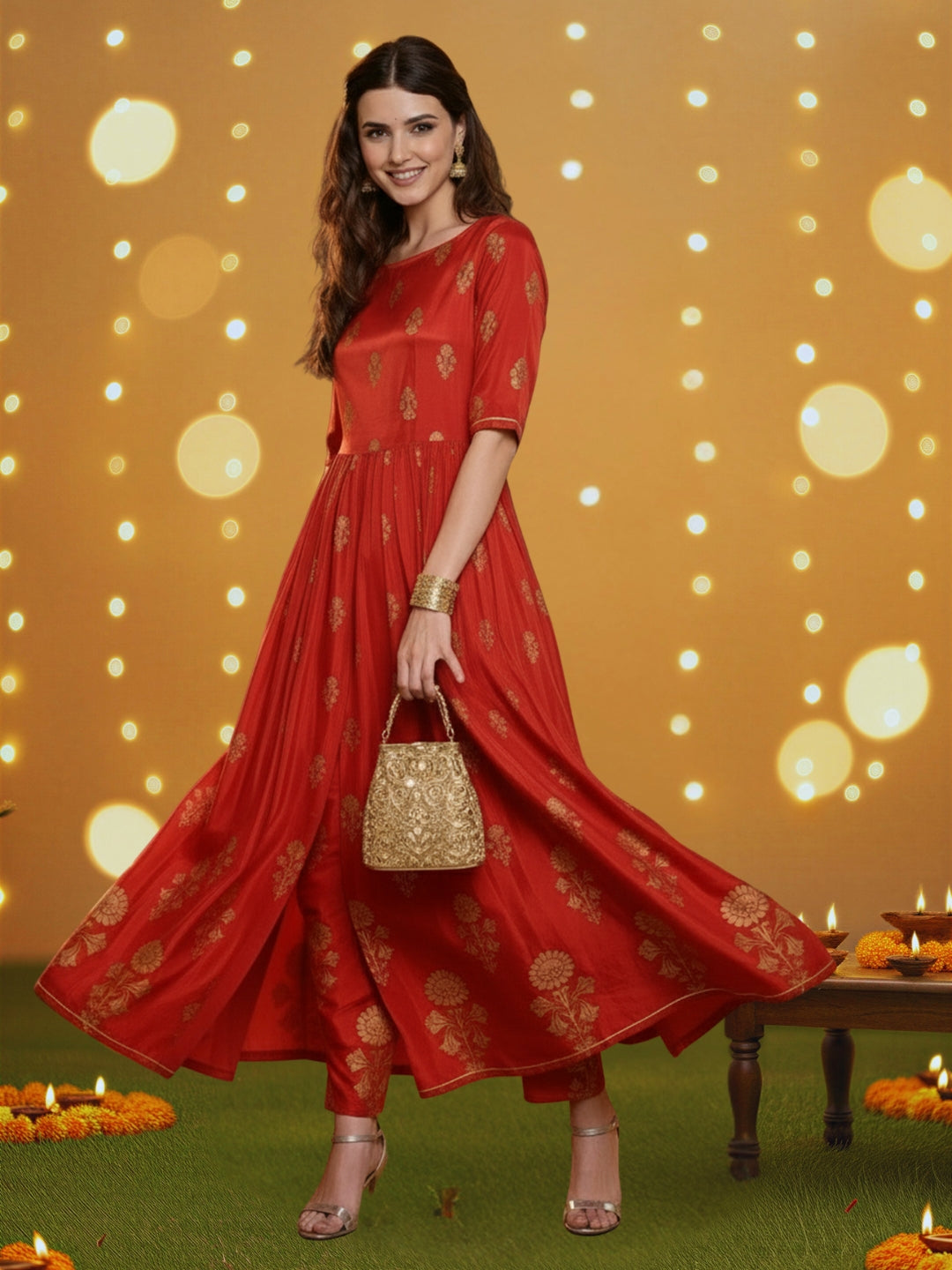 Red Anarkali Kurta Pant Coord Set for Women , Festive Ethnic Wear , Gold Print Partywear Dress
