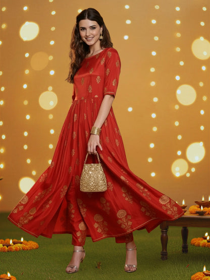 Red Anarkali Kurta Pant Coord Set for Women , Festive Ethnic Wear , Gold Print Partywear Dress