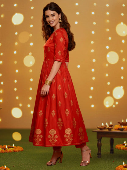 Red Anarkali Kurta Pant Coord Set for Women , Festive Ethnic Wear , Gold Print Partywear Dress