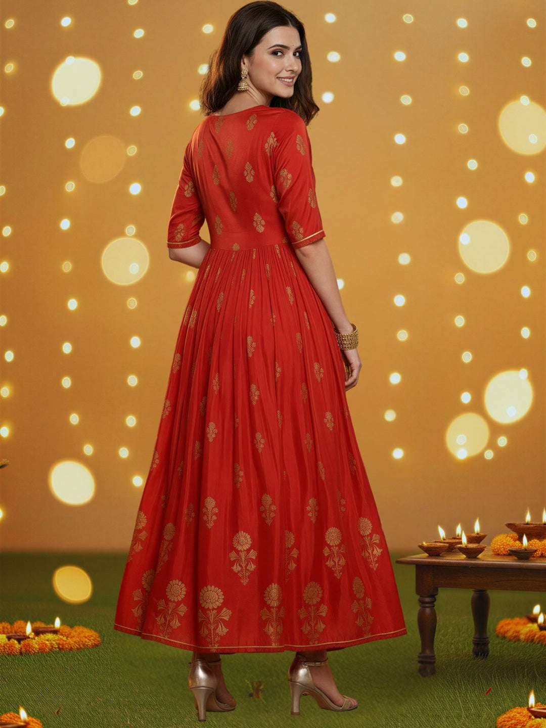 Red Anarkali Kurta Pant Coord Set for Women , Festive Ethnic Wear , Gold Print Partywear Dress