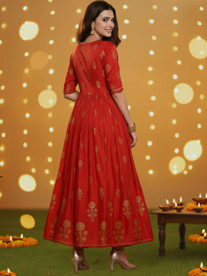 Red Anarkali Kurta Pant Coord Set for Women , Festive Ethnic Wear , Gold Print Partywear Dress