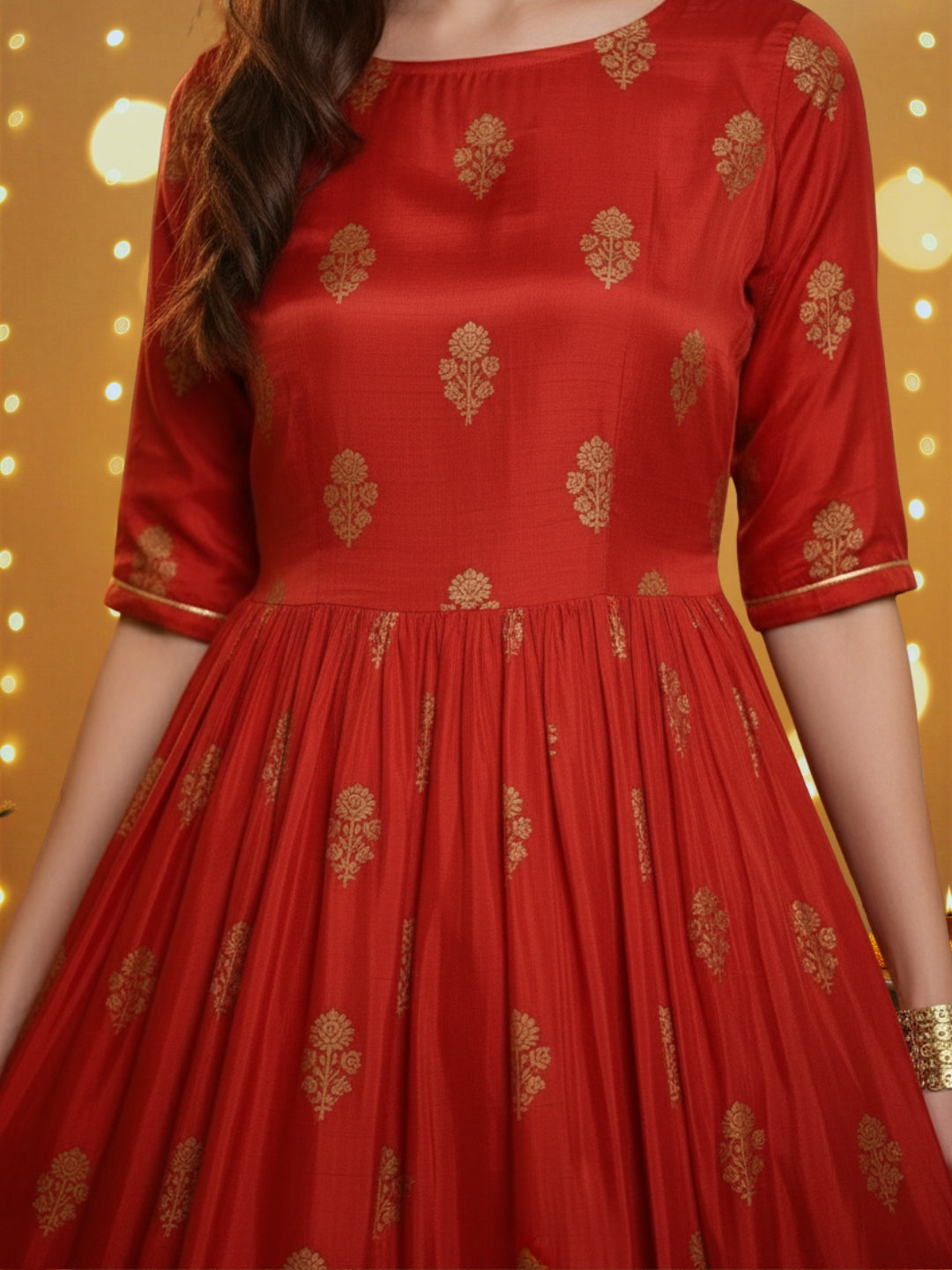 Red Anarkali Kurta Pant Coord Set for Women , Festive Ethnic Wear , Gold Print Partywear Dress