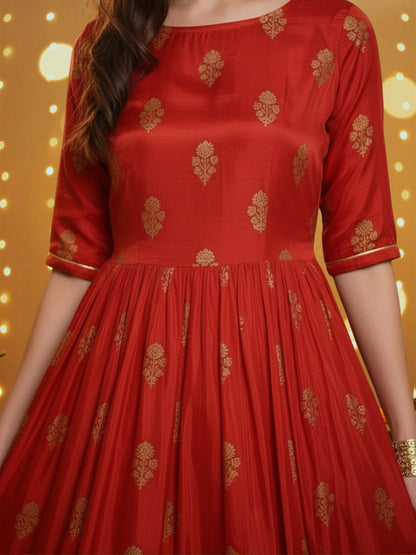 Red Anarkali Kurta Pant Coord Set for Women , Festive Ethnic Wear , Gold Print Partywear Dress