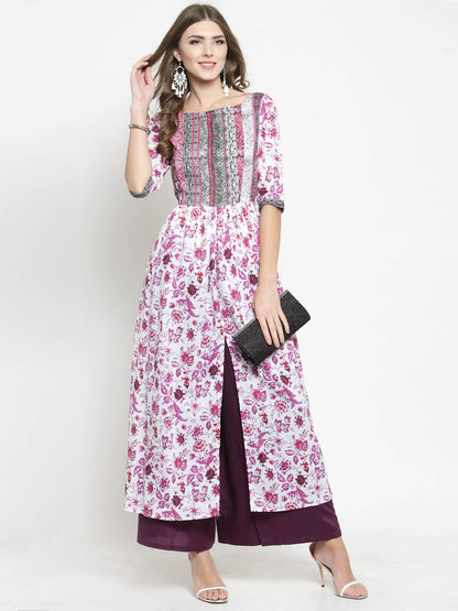 Women White Floral Print Anarkali Kurta