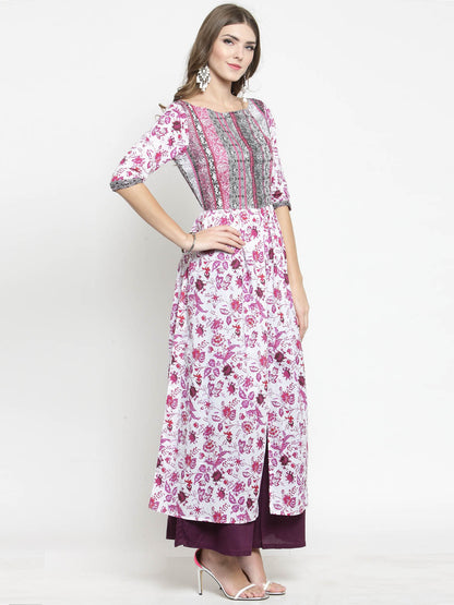 Women White Floral Print Anarkali Kurta