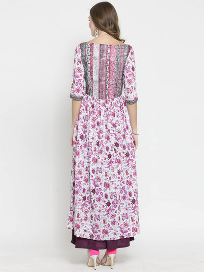 Women White Floral Print Anarkali Kurta